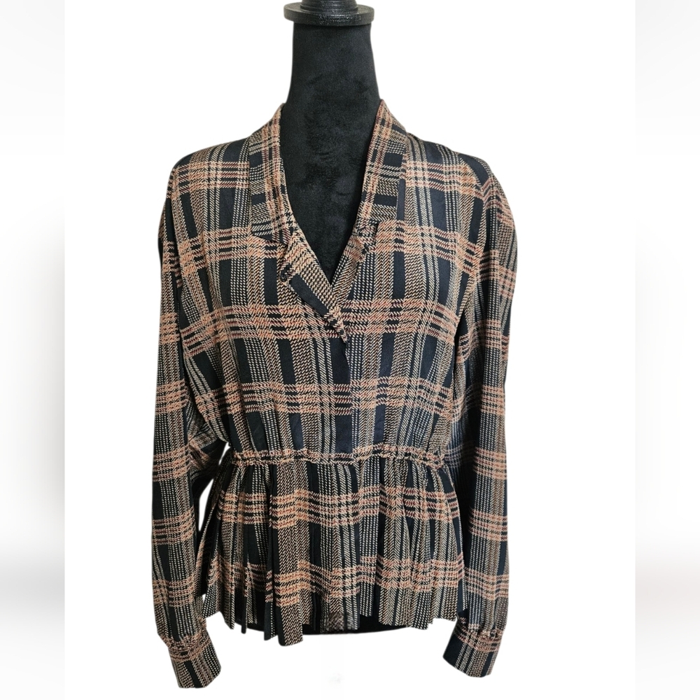 Vintage Lili Ann Plaid Peplum Pleated Long Sleeve Button-down Blouse Size M